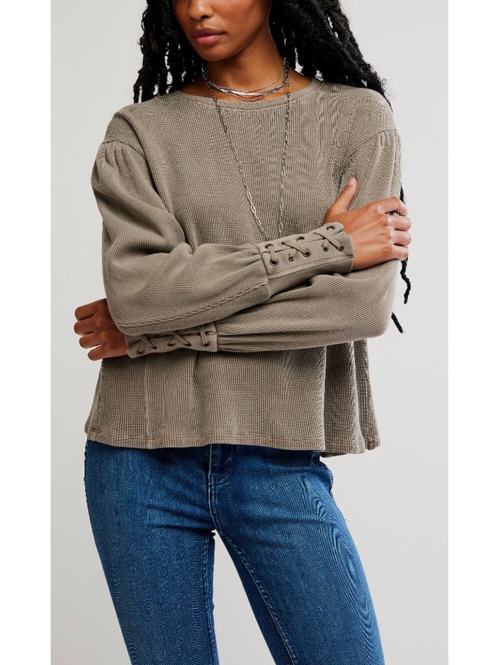 Free People Olive Waffle Knit Long Sleeve Tee with Lace-Up Cuffs